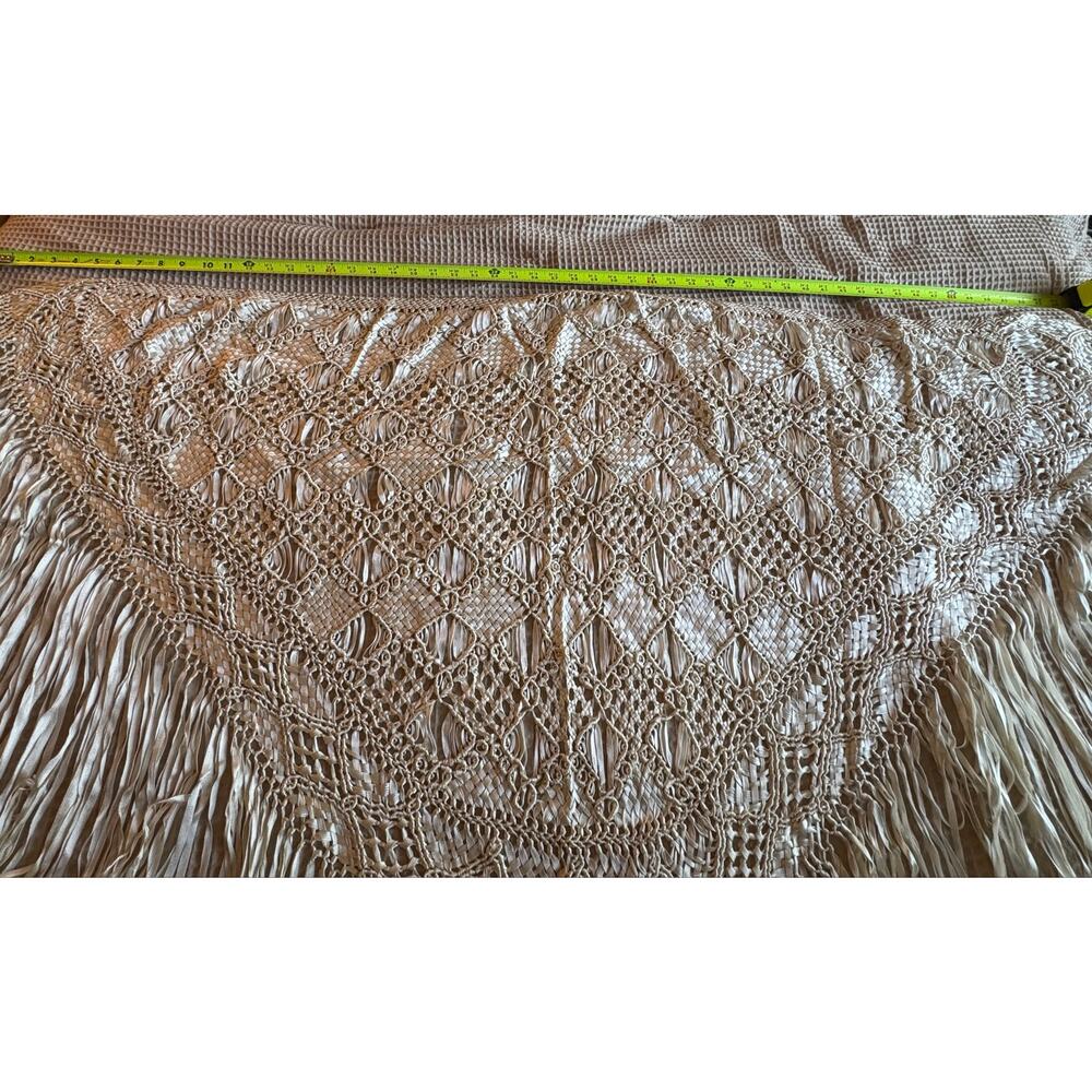 Cream Ivory Crocheted Lace Shawl Wrap Long Fringe Boho - Picture 2 of 4